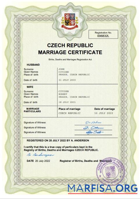 Downloadable Czech Republic marriage certificate Word and PDF template